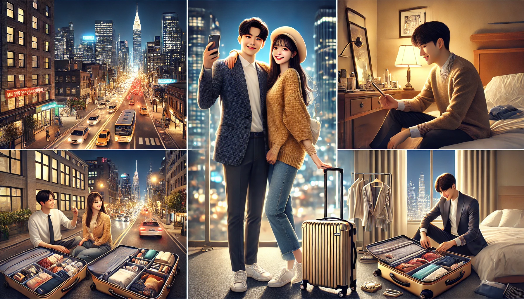 야경 속 손잡은 커플, 커플룩 셀카, 여행 짐을 정리하는 모습