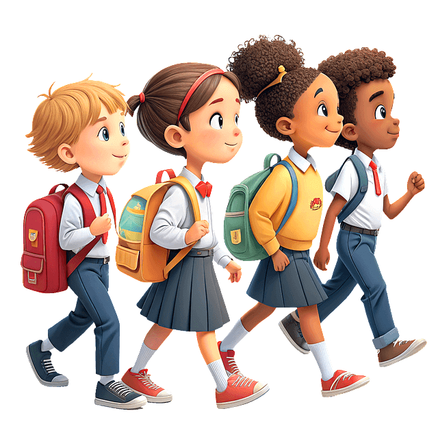 여자 아이 2명, 남자아이 2명이 책가방을 매고 나란히 걸어간다.