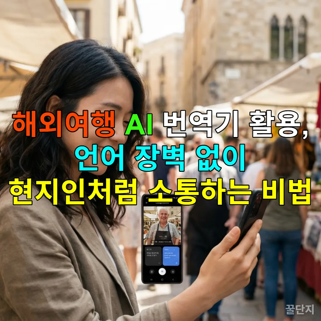 해외 시장에서 스마트폰 AI 번역기를 활용하여 현지인과 소통하는 한국인 여성