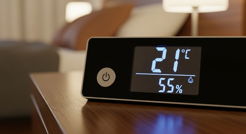 침실 탁자 위에 놓인 디지털 온습도계가 쾌적한 수면 온도인 21도와 습도 55%를 나타내고 있는 모습