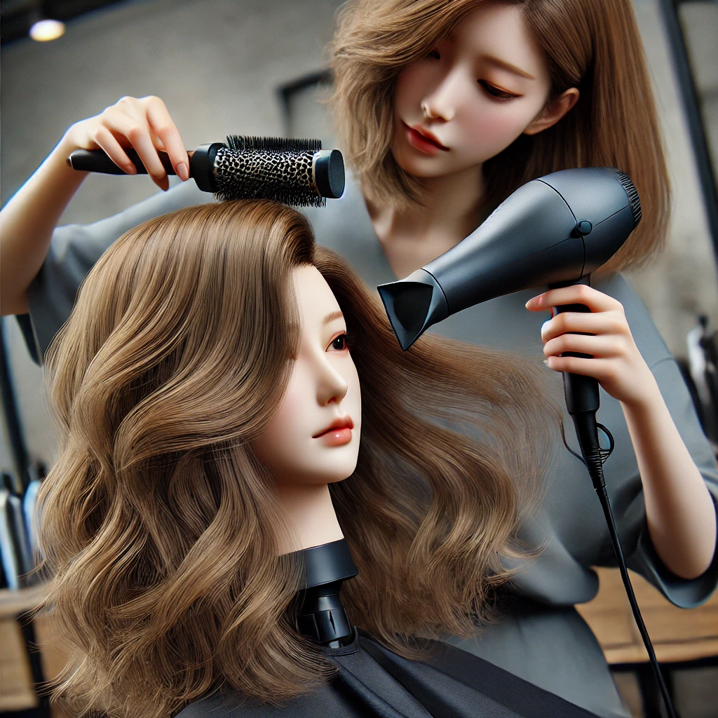 미용사가 마네킹 머리를 드라이기로 스타일링하는 장면. 드라이기와 브러시를 사용해 자연스러운 웨이브와 볼륨을 만드는 모습이 강조됨