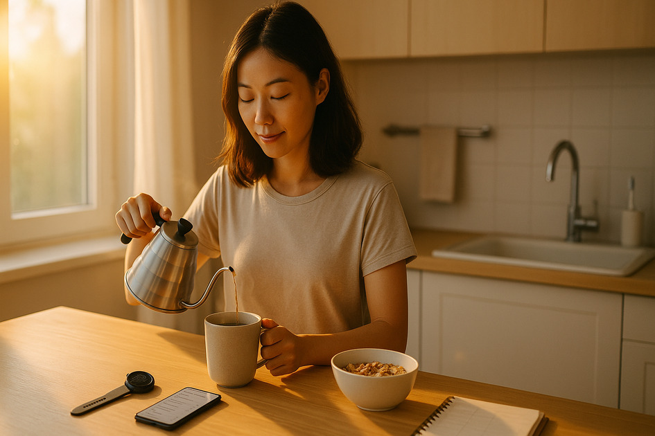 ์์นจ ๋ฃจํด์ ํ๊ณ  ์๋ ์ฌ์ฑ ์ด๋ฏธ์ง