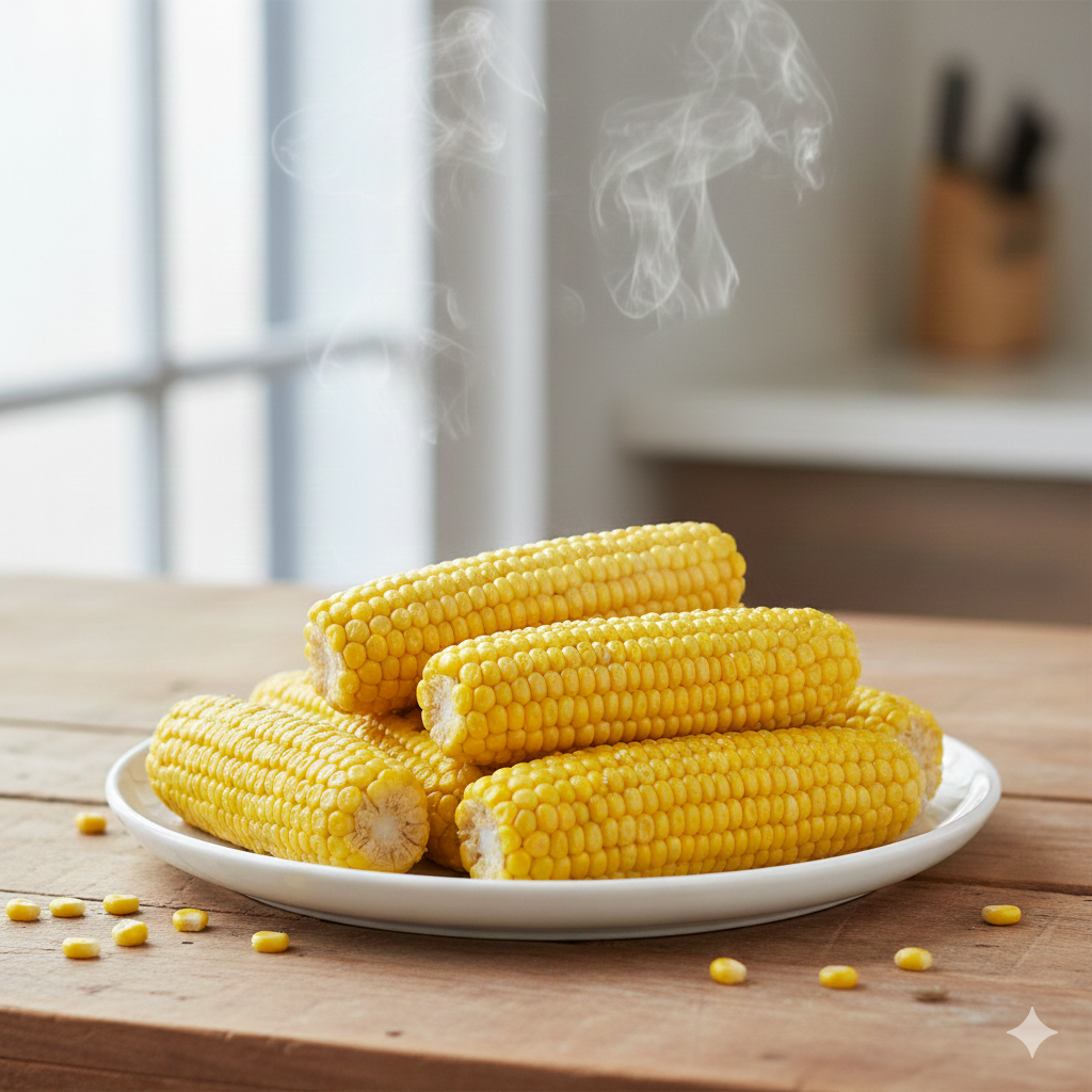 김이 모락모락 나는 갓 찐 노란 옥수수
