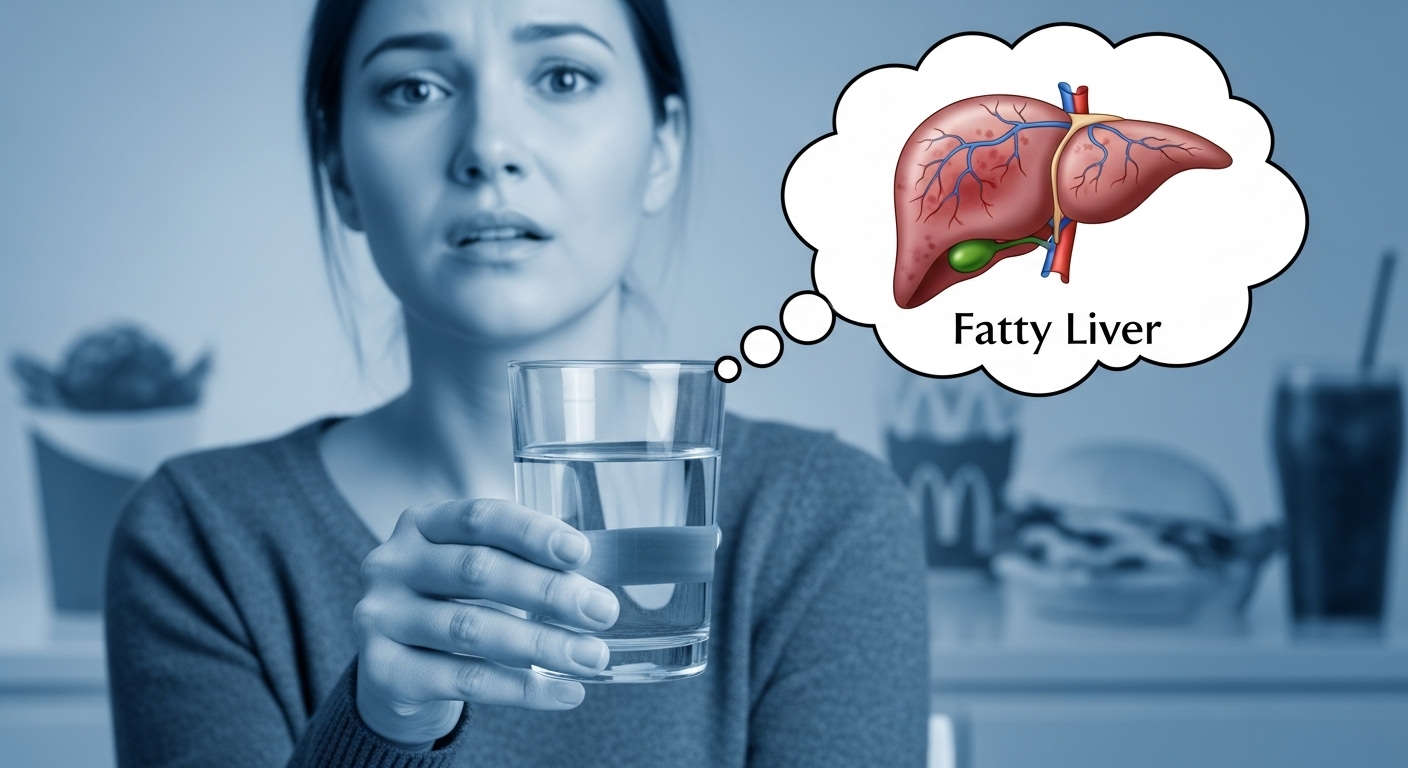 술 대신 물을 든 채 지방간 진단에 의아해하는 사람의 모습. 지방간이 술 때문이라는 오해를 상징합니다.