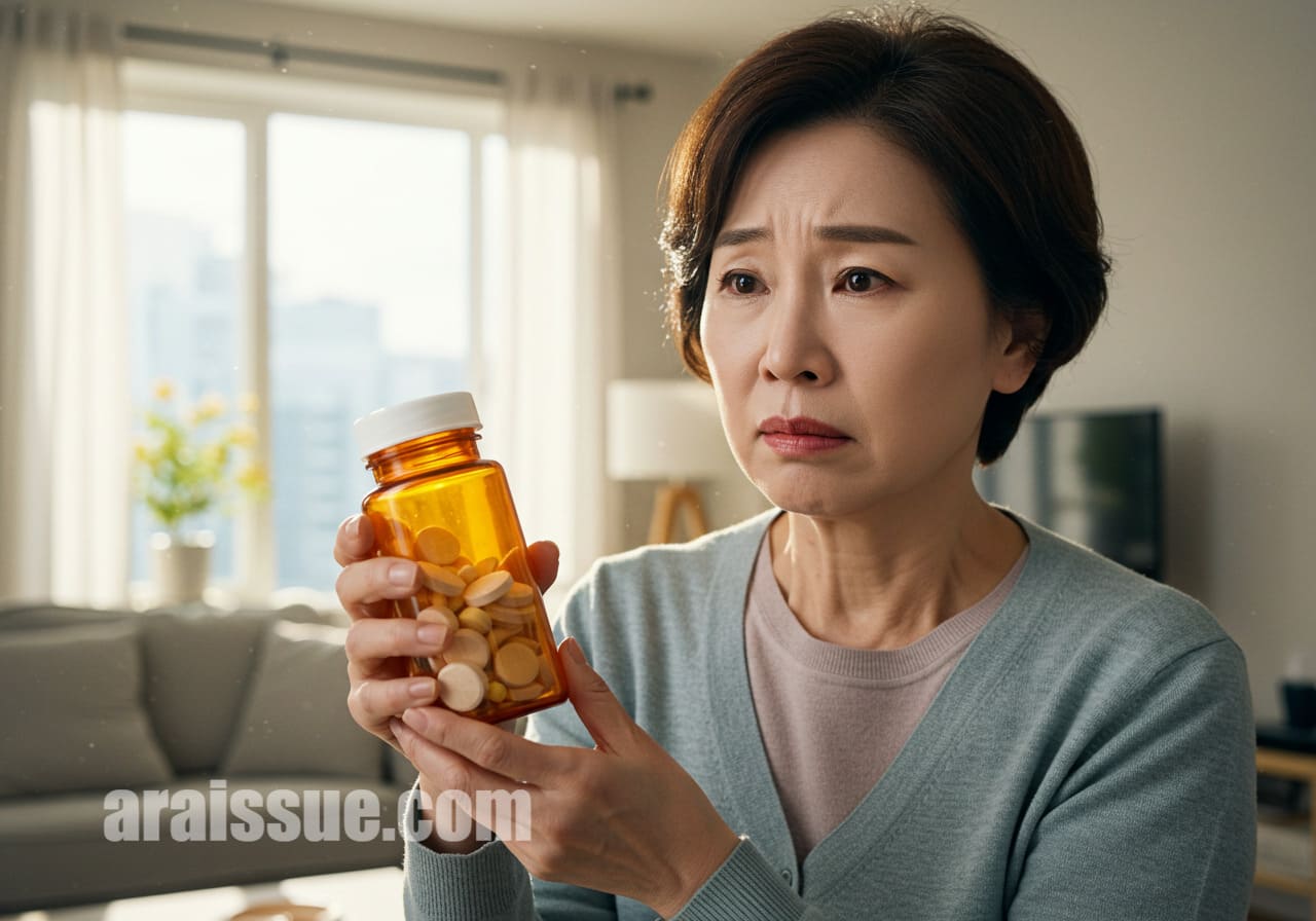 영양제 병이 넘쳐나는 모습을 걱정스러운 표정으로 들고 있는 50대 한국 여성. 밝은 햇살이 비치는 서양식 현대 거실 배경에서 과다 복용의 위험성을 강조합니다.