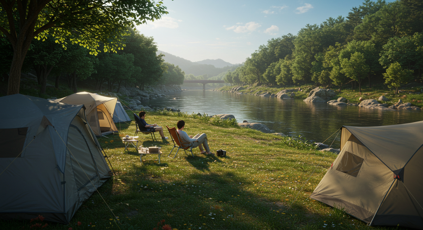 홍천강변 팔봉산 오토캠핑장에서 한국인 캠핑객들이 강을 바라보는 모습