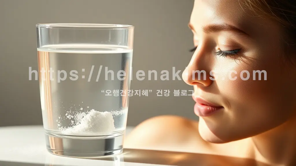 여성의 얼굴 피부에 콜라겐을 상징하는 물방울이 있는 이미지.