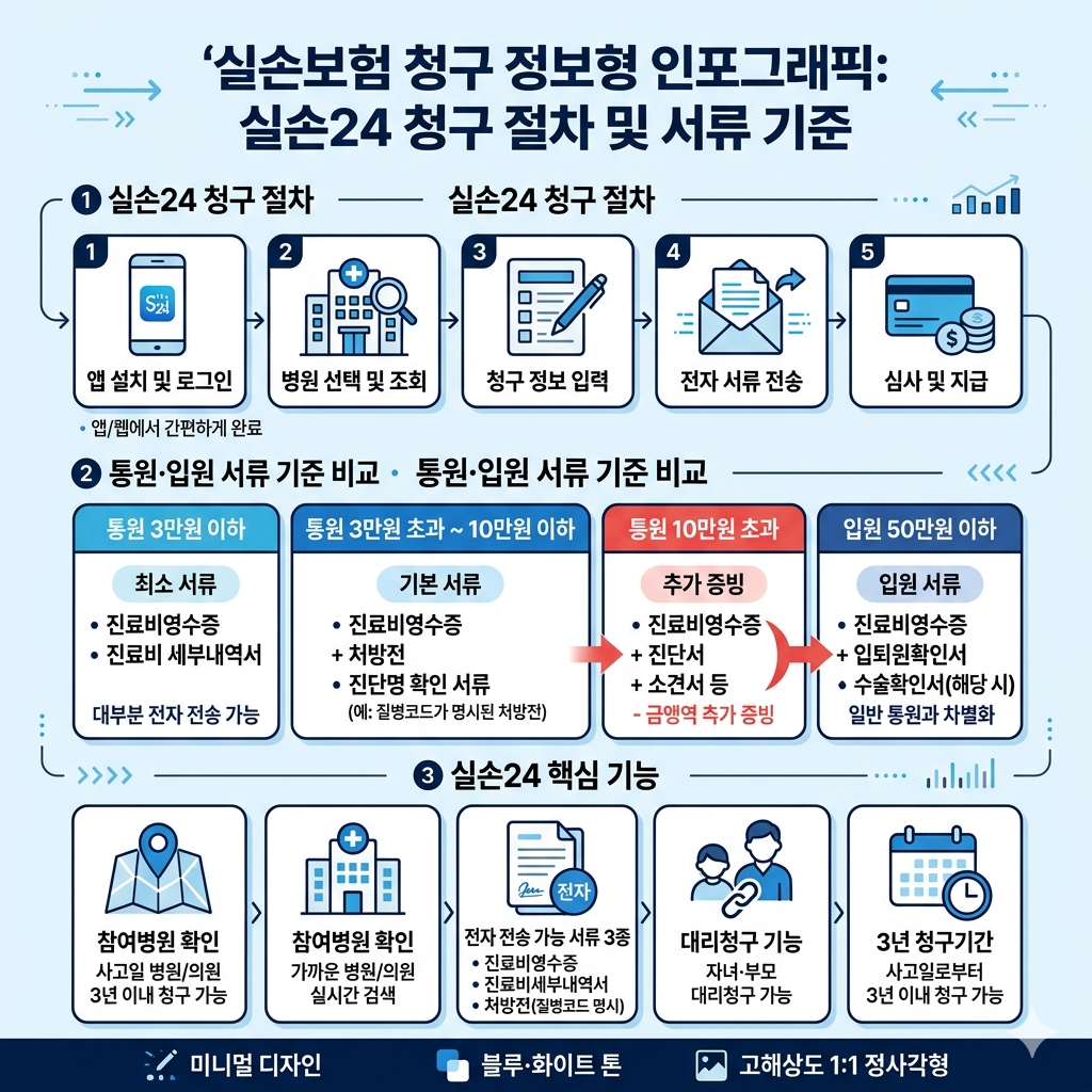 실손보험 청구 방법 실손24·청구서류·통원·입원 기준 인포그래픽
