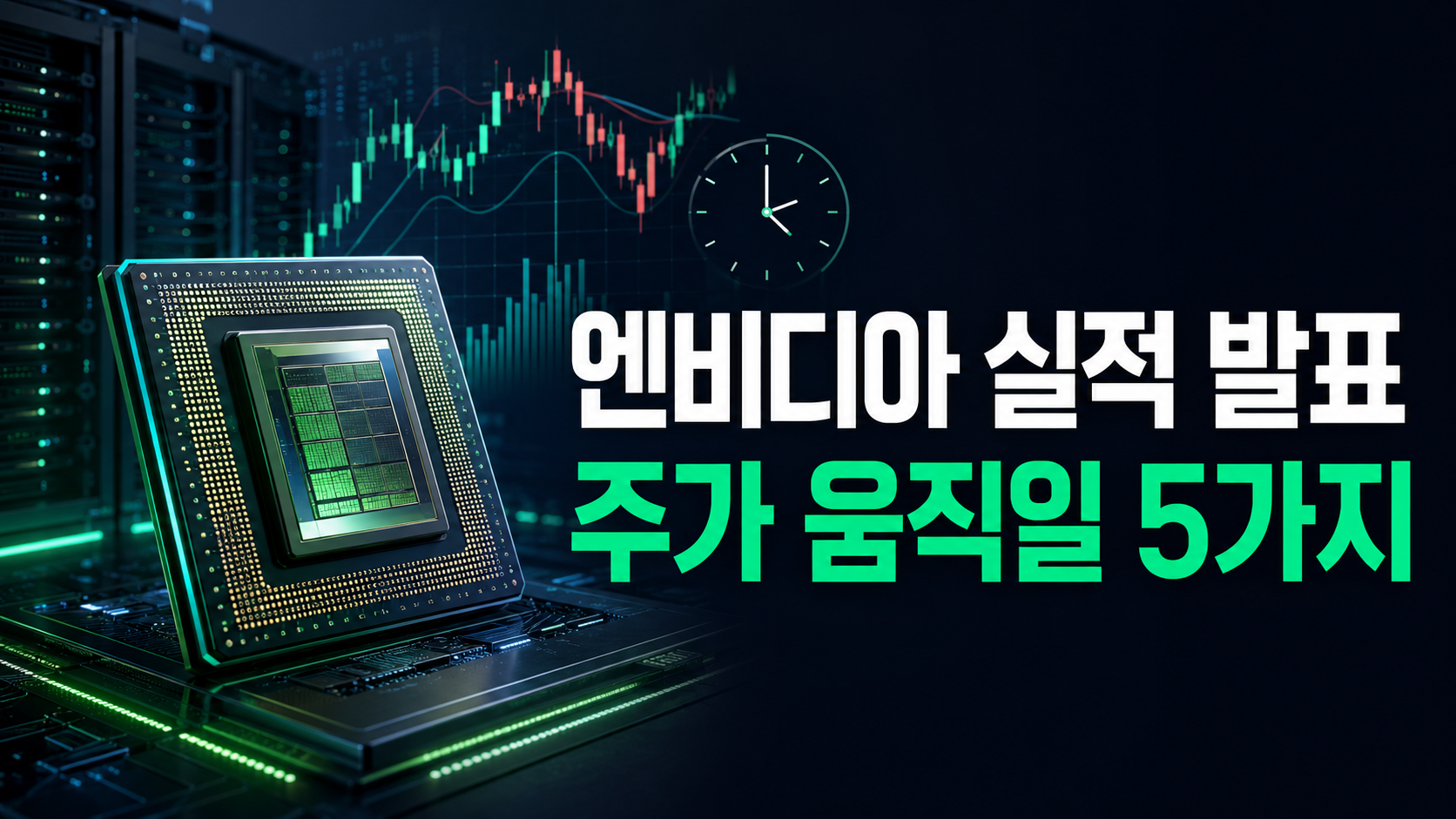 인공지능 반도체 칩과 주가 그래프, 시계를 배경으로 엔비디아 실적 발표와 주가를 움직일 5가지를 표시한 썸네일