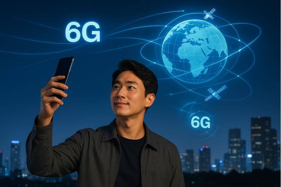 위성과 6G 네트워크로 항상 연결된 스마트폰의 미래를 상징하는 장면