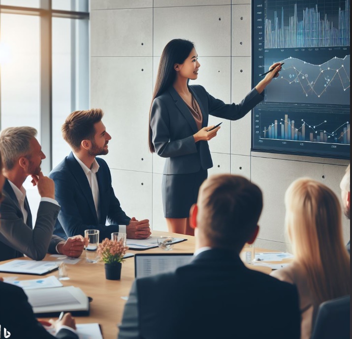 회사의 임직원들 앞에서 그래프를 가리키며 투자 전략을 설명하는 여직원