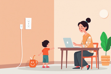 엄마와 아이가 함께 노트북으로 전기요금 감면 신청을 하는 따뜻한 모습