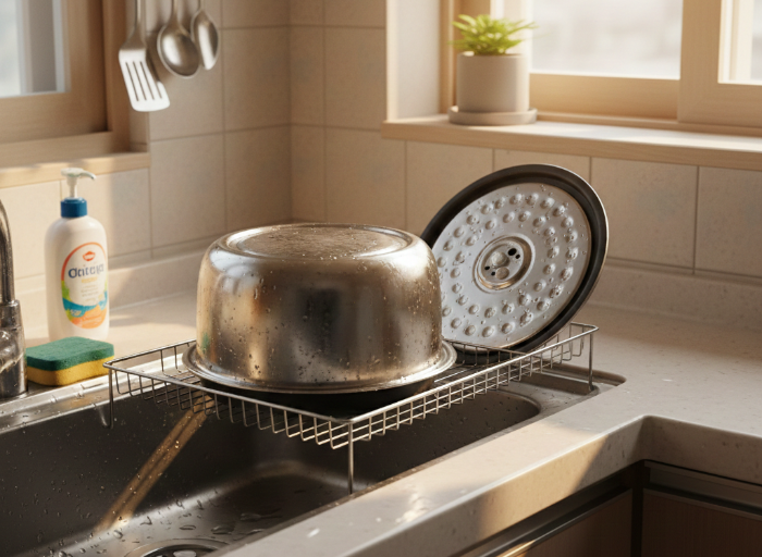 압력밥통 뚜껑에서 고무 패킹을 분리해 세척하는 장면, 압력밥통 관리와 청소주기 관련 이미지