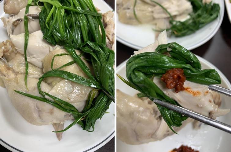 소스를 올려 쪽파와 같이 먹는 찜닭