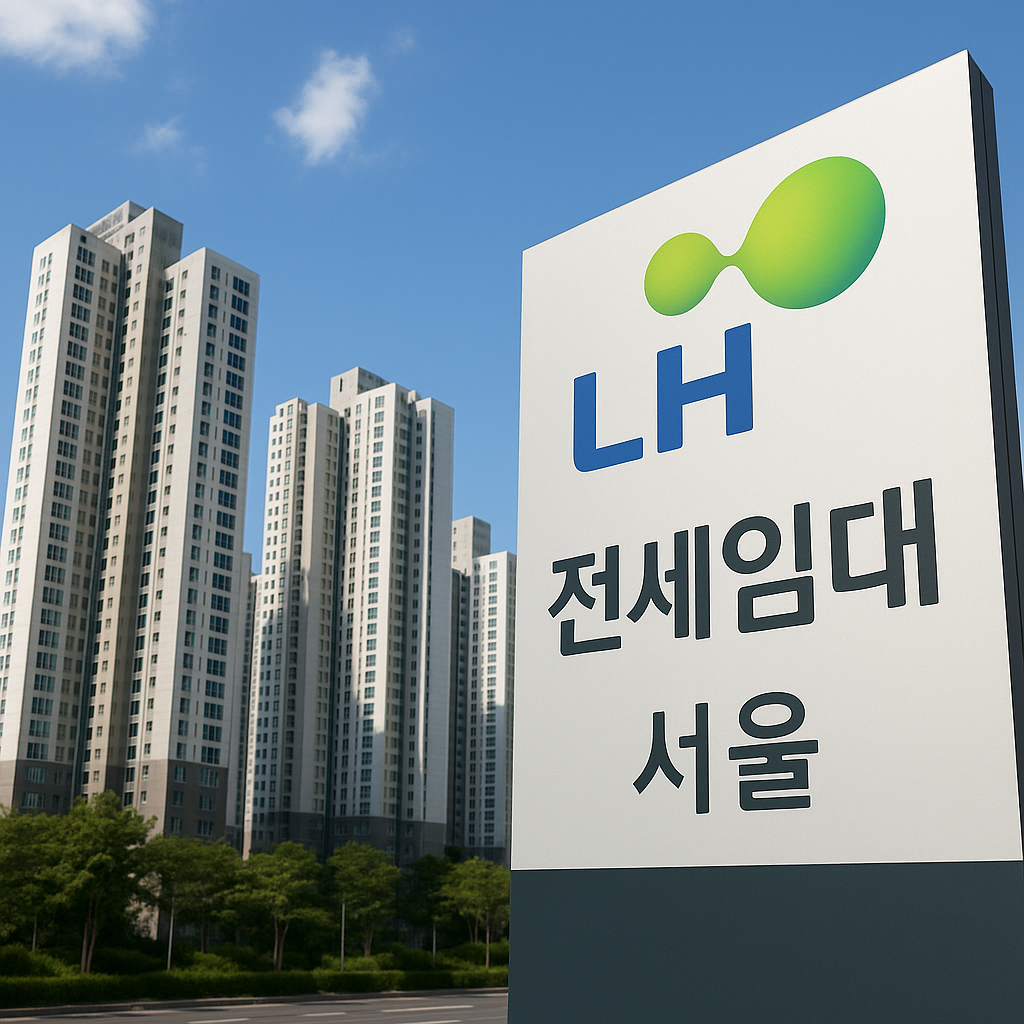서울 고층 아파트 단지와 함께 보이는 LH 로고와 전세임대 안내 문구