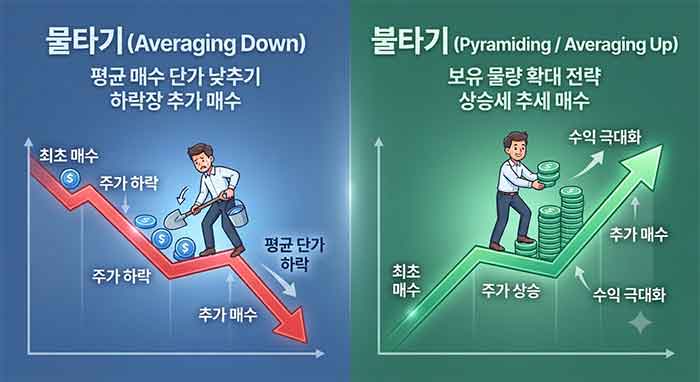 주가 하락 시 추가 매수하는 물타기와 상승 시 추가 매수하는 불타기 투자 전략 비교 이미지.