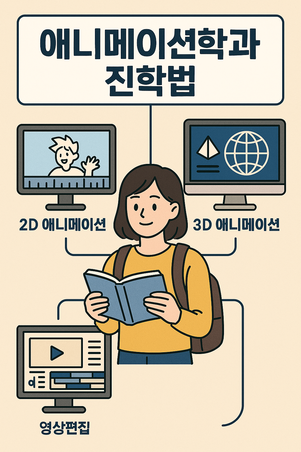 애니메이션학과 진학법 안내 포스터. 책을 들고 있는 여학생 중심으로, 상단에는 '2D 애니메이션', '3D 애니메이션', '영상편집' 세 분야가 각각 모니터 화면 속 아이콘과 함께 연결되어 있음."