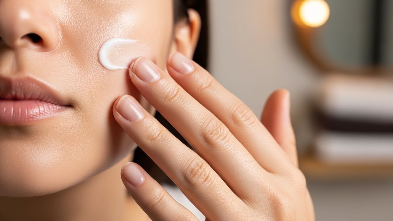 닥터지 더마 모이스처 배리어 D 인텐스 크림을 얼굴에 부드럽게 두드리며 볼 부위를 겨냥한 클로즈업 샷입니다.