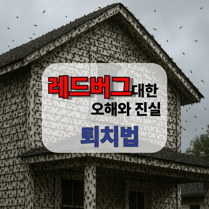 레드버그로 뒤덮힌 하얀단층집 중앙에는 " 레드버그에 대한 오해롸 진신" 이라는 문구가 있다