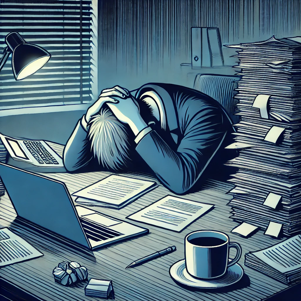 회사 업무가 너무 많아서 힘들어 하는 직장인 그림 입니다. 번아웃 현상을 잘 표현하고 있습니다.