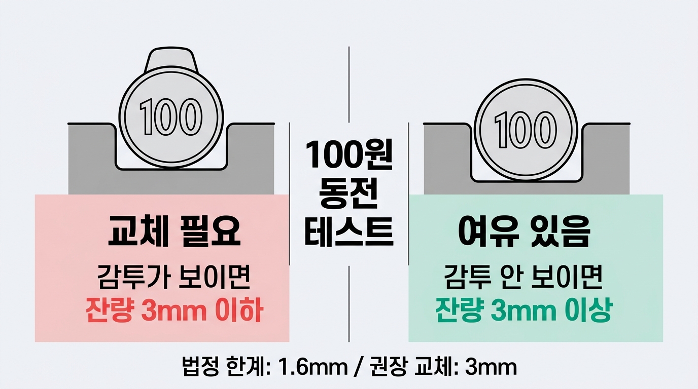 100원 동전으로 타이어 마모 한계선 트레드 깊이 확인하는 방법 비교