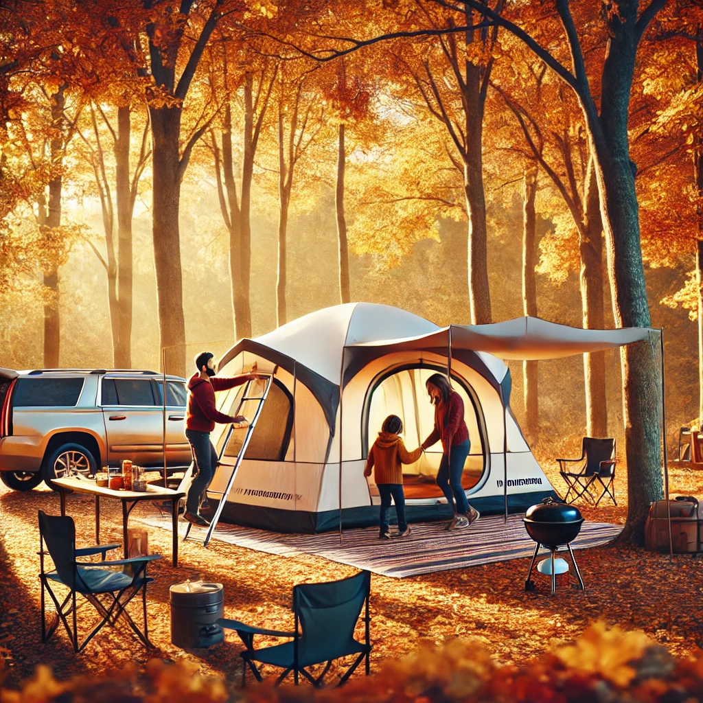 리빙쉘 텐트를 설치하고 있는 가족의 사진