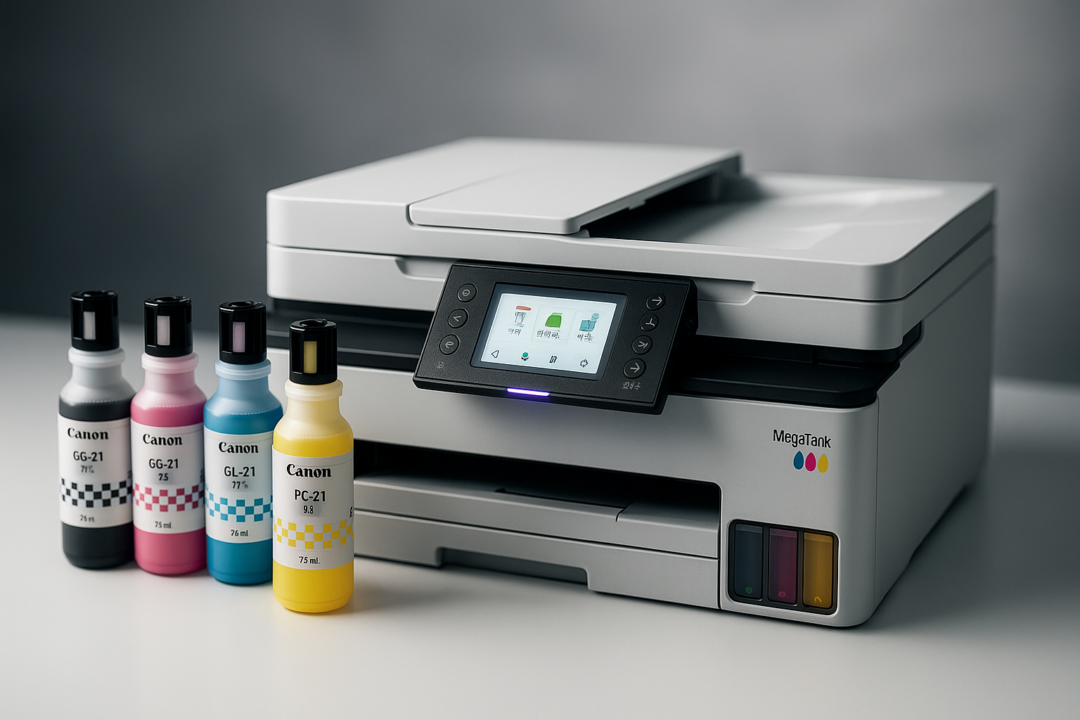 캐논 GX2090 복합기 책상 위 설치 모습, 재택근무 공간에 적합한 세련된 디자인