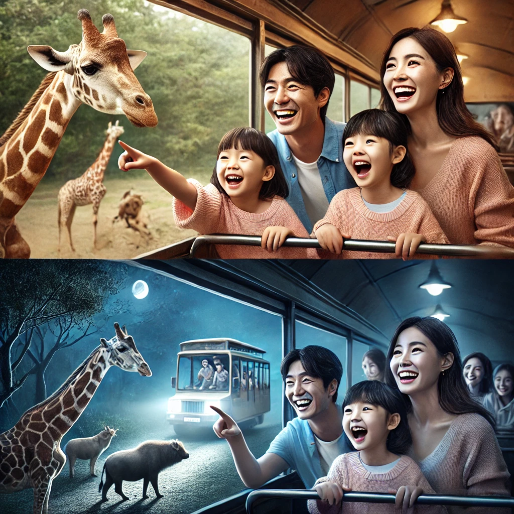 낮에 동물들과 함께 웃고 있는 가족, 밤에 사파리 트램을 타며 신기해하는 아이들