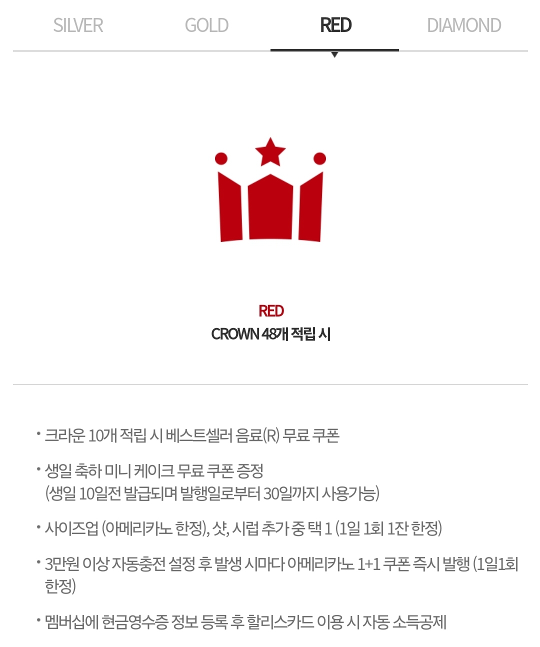 할리스 멤버십 등급별 조건, 혜택, 크라운 적립 및 승급 유의사항