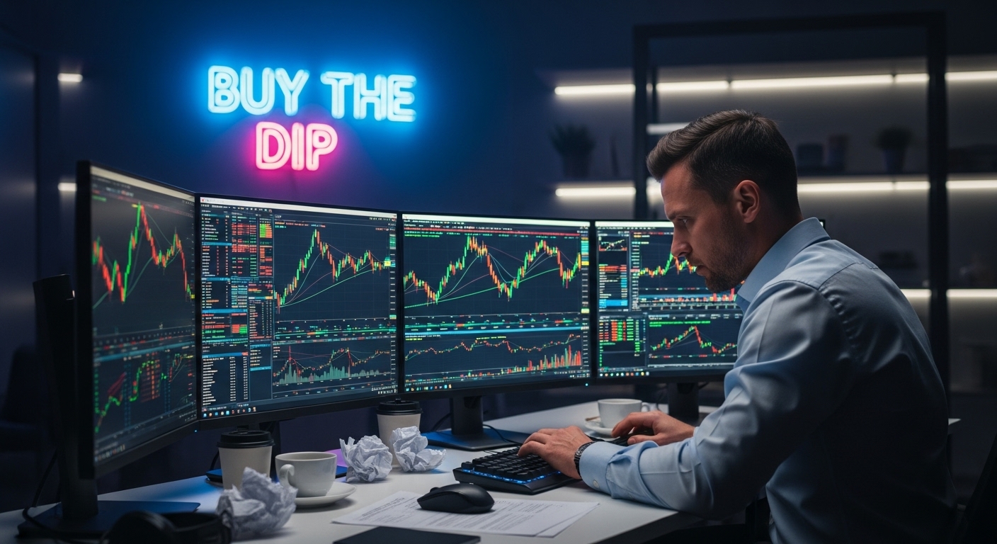 차트 분석 중인 전문가의 모습. 옆에는 'BUY THE DIP' 문구가 보인다