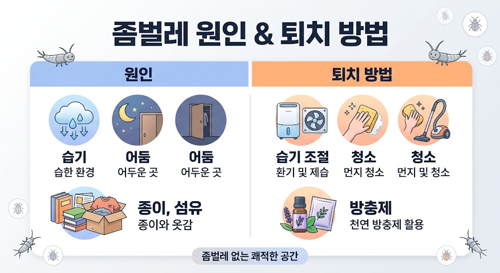 좀벌레가 생기는 원인(습기, 어두운 곳, 종이/섬유)과 퇴치 방법(제습, 청소, 천연 방충제 활용)을 정리한 설명 이미지