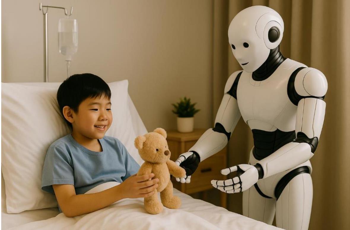 아동 병실에서 로봇이 장난감을 건네며 긴장을 완화해 주는 모습