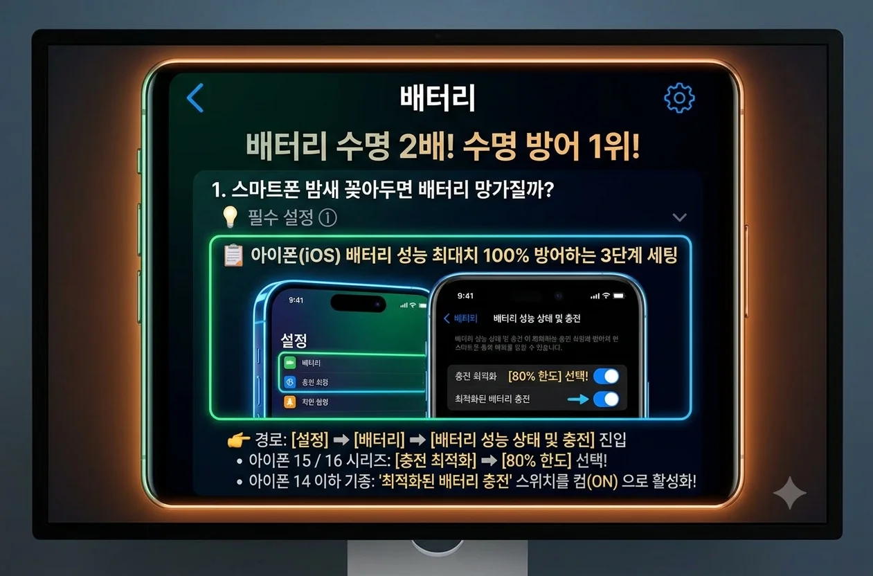 애플 아이폰 배터리 성능 상태 최적화된 배터리 충전 및 80퍼센트 한도 설정 화면