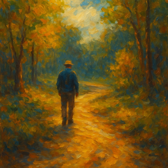 늦은 오후 햇살이 비치는 숲속 오솔길을 혼자 걷는 남성의 뒷모습을 묘사한 유채화. 부드러운 붓질과 따뜻한 색감으로 둘러싸인 가을빛 풍경이 고요한 분위기를 자아낸다.
