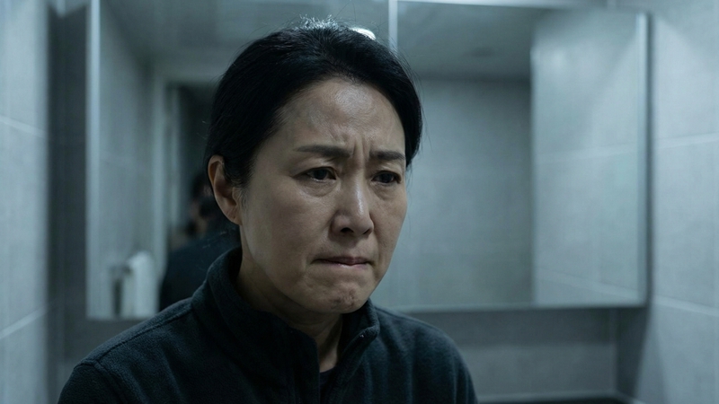 화장실에서 50대 여성이 변비로 고생하다가 혈자리 지압 후 시원함을 느끼는 모습. 1분 안에 변비를 해결하는 지압법.