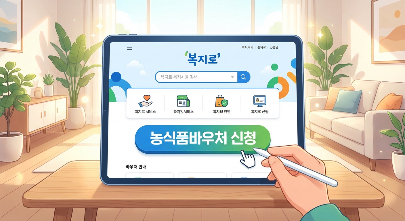 복지로 웹사이트에서 농식품 바우처 온라인 신청 버튼을 누르는 모습