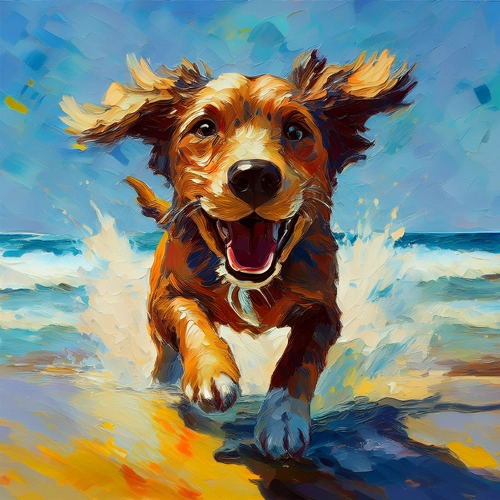 해변에서 뛰어노는 강아지 인상주의 그림1