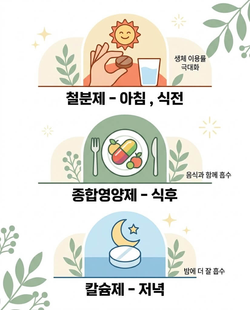 철분제, 종합영양제, 칼슘제 권장시간을 알려주는 인포그래픽