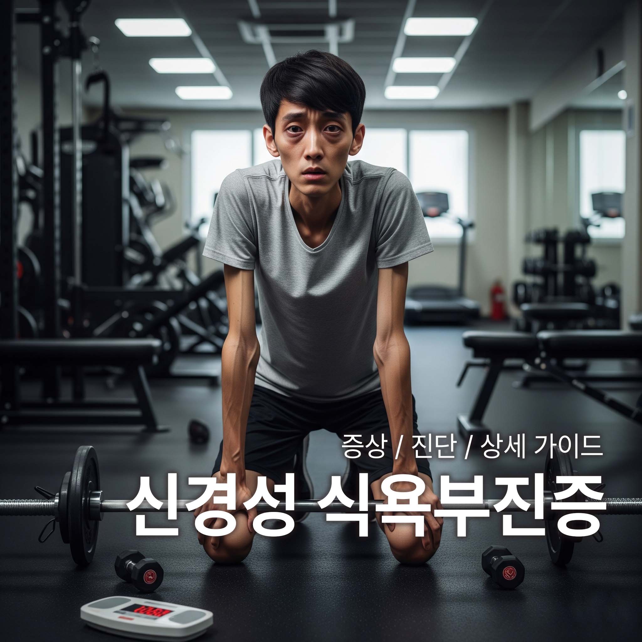 신경성 식욕부진증 의 특징을 나타낸 사진이다. 깡마른 학생이 살을 빼려고 무리해서 운동하고 있는 사진