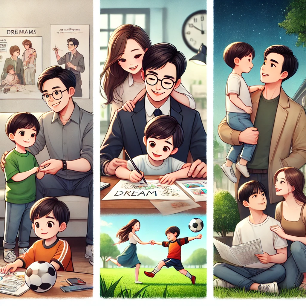 가족이 책상에 앉아 아이가 자신의 꿈을 그림으로 표현하는 모습을 지켜보며 따뜻하게 격려하는 장면. 부모의 사랑과 응원이 돋보임.