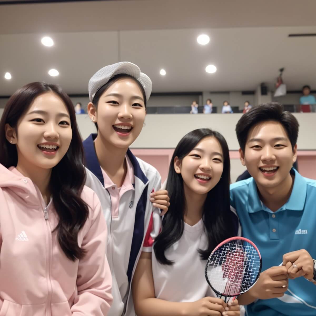 배드민턴을 경기를 끝내고 기념 촬영중인 가족