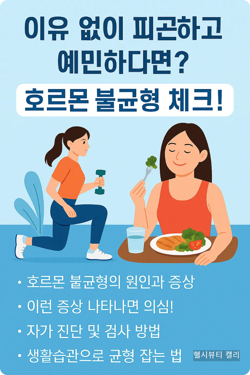 운동과 식단을 통해 호르몬 균형을 관리하는 여성의 모습을 담은 한국어 인포그래픽