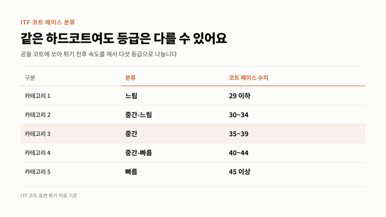 ITF 코트 페이스 분류 다섯 등급과 수치 구간
