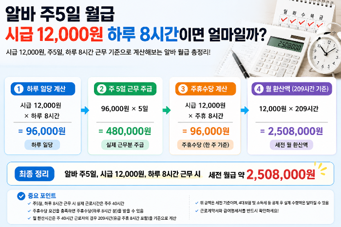 알바 시급 12,000원 하루 8시간 일당 96,000원과 주5일 주급 480,000원, 주휴수당을 계산한 이미지