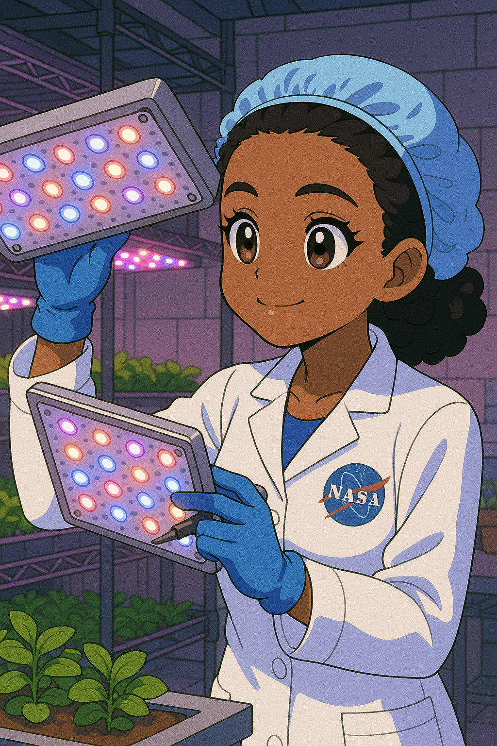 NASA 실험실에서 LED 조명을 검사하며 식물재배를 진행하는 애니 스타일의 여성 과학자