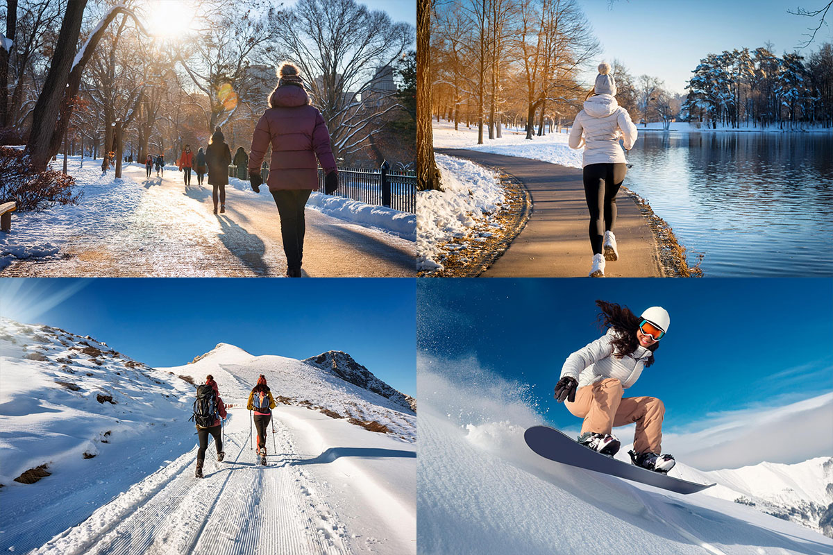 야외 운동, 걷기, 달리기, 하이킹, 스키, 스노보드