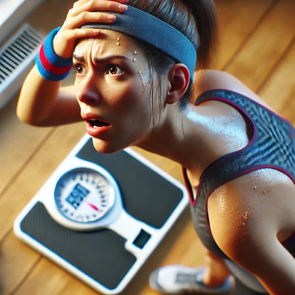 러닝 후에 기대했던 만큼 체중이 줄어들지 않아 당황하는 여성을 보여주는 이미지 사진