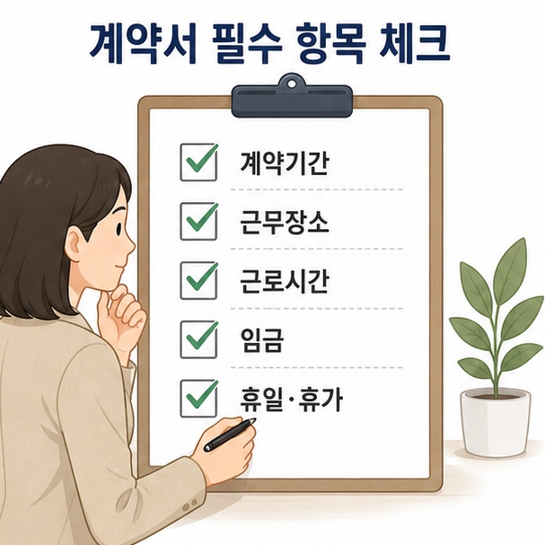 근로계약서의 계약기간과 근무장소, 근로시간, 임금, 휴일 등 주요 작성항목을 정리한 이미지