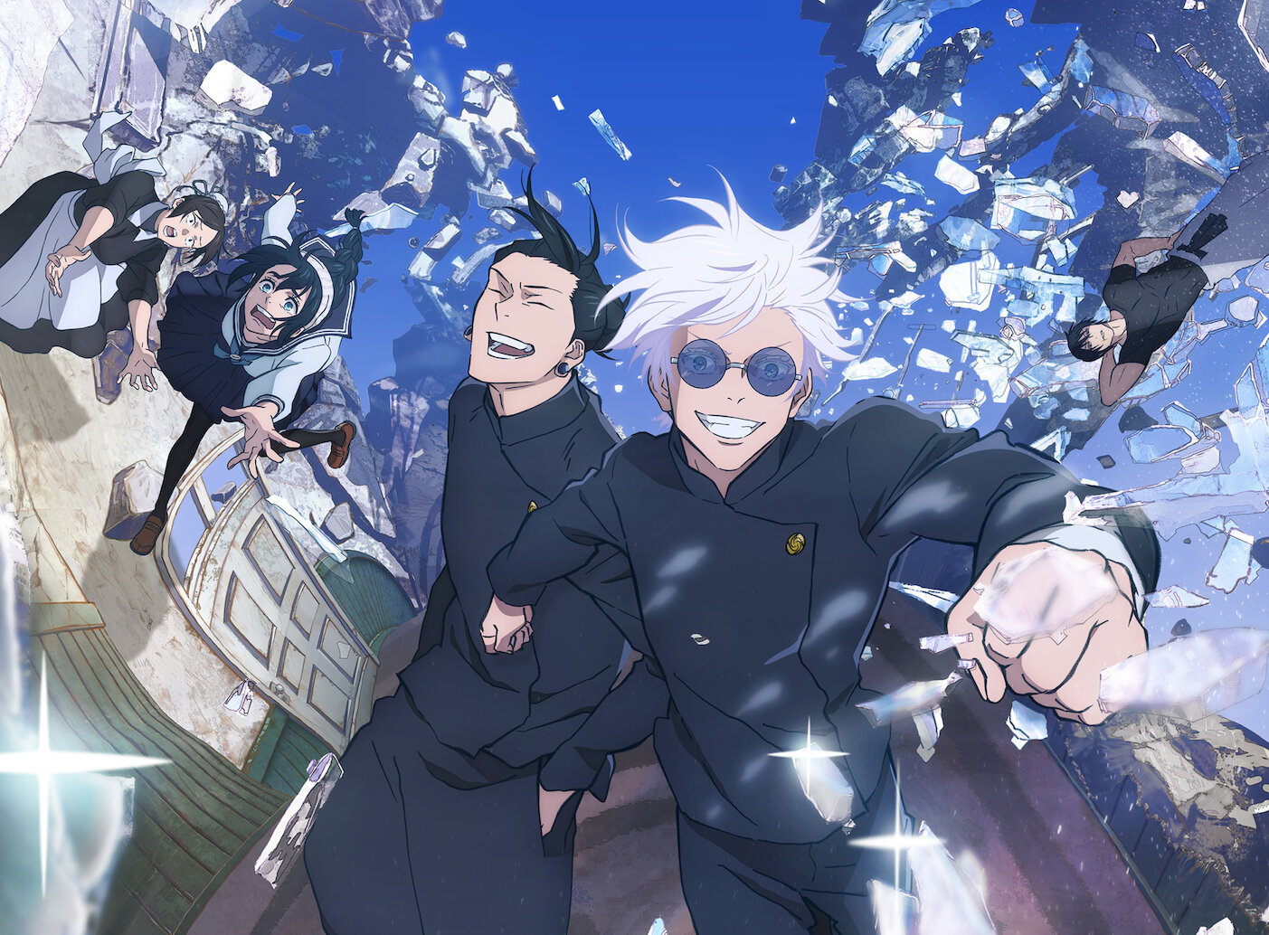 주술회전 고죠 사토루와 동료들이 청춘 시절을 그리며 웃고 있는 장면, 파편 속의 역동적인 연출