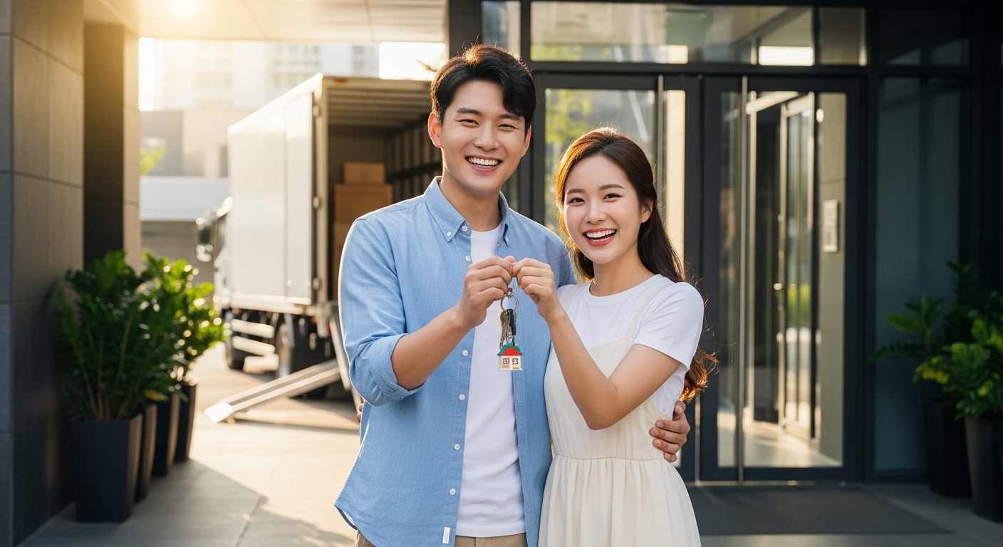새 아파트로 이삿짐을 옮기며 환하게 웃고 있는 젊은 부부의 행복한 모습